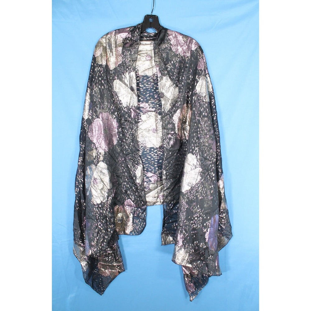 VTG CAROLINA AMATO Black w/METALLIC Floral CHIFFON Evening Party WRAP SHAWL